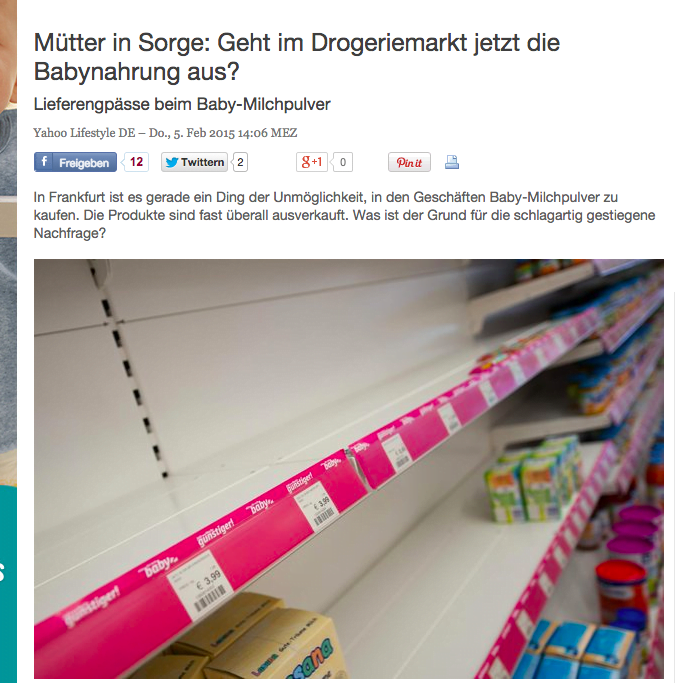 德國的搶購潮，更令德國yahoo 刊出：母親的憂慮 － 行入藥舖 奶粉何處尋？